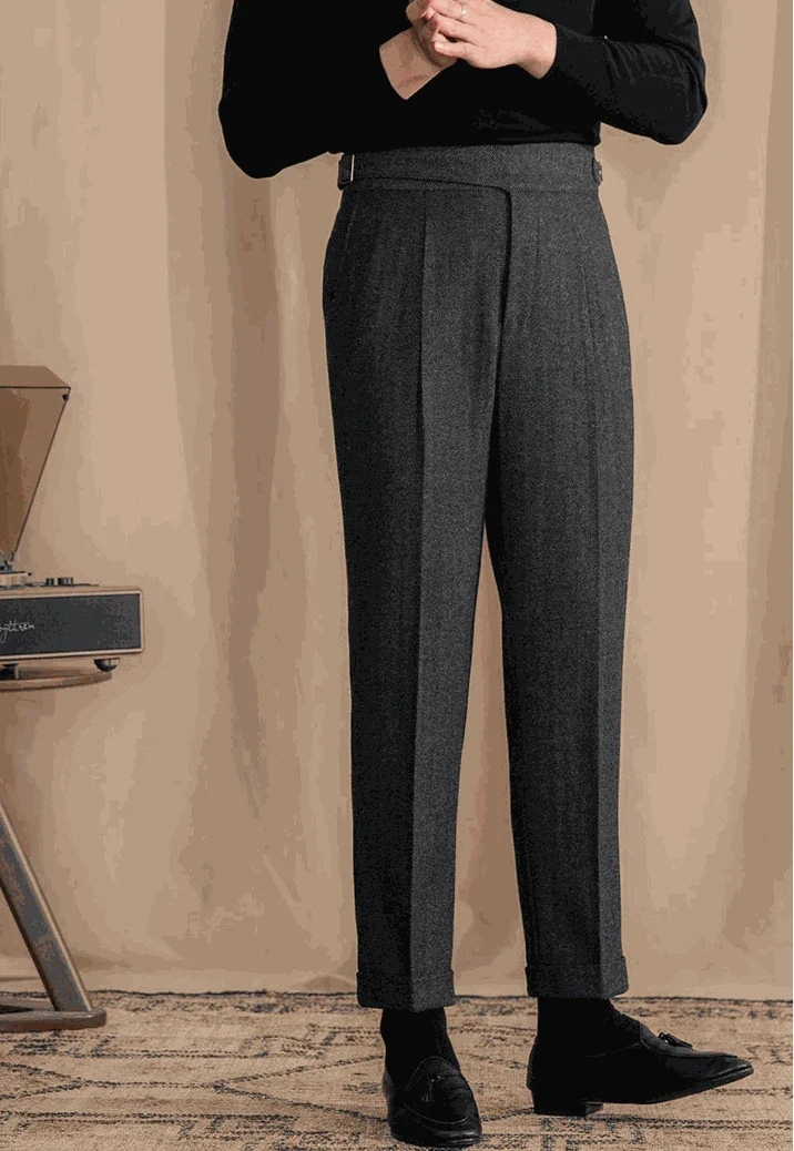 Antonios vintage wool herringbone pants, smart casual elegant style.