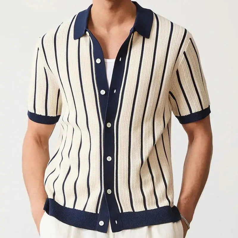 Knitted summer polo t-shirt vintage with striped design for men, combining comfort and style.