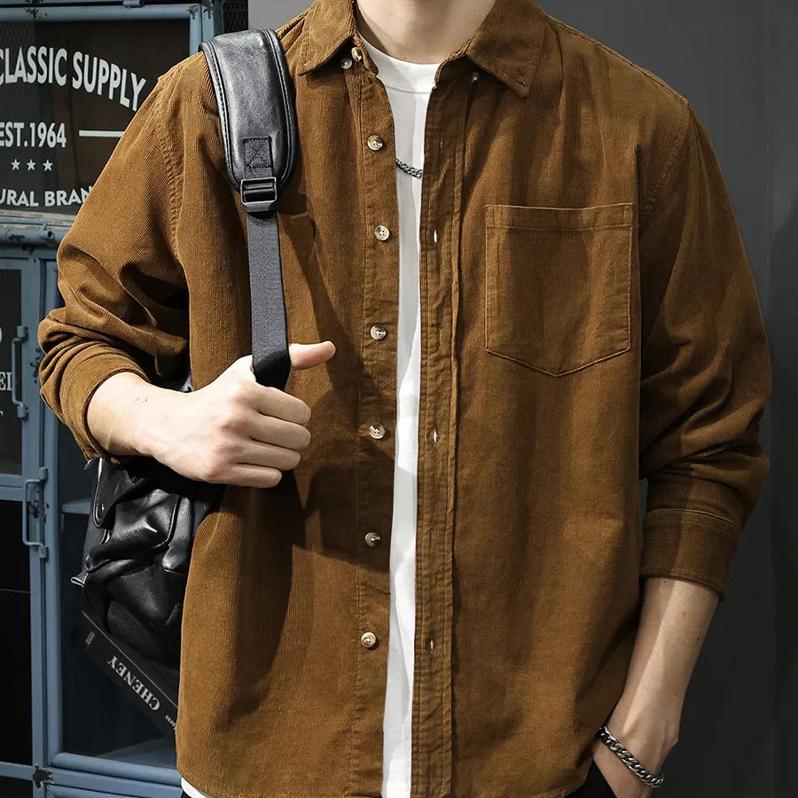 Retro American long sleeve shirt with blue stripes and soft corduroy fabric for men.