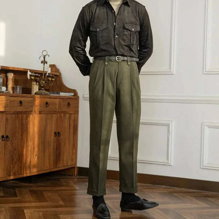 Straight high-waist casual trousers for men in solid polyester fabric.