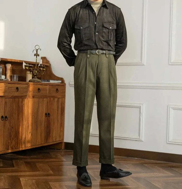 Straight high-waist casual trousers for men in solid polyester fabric.