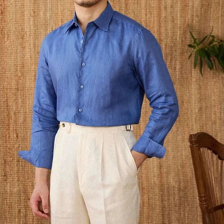 Men's relaxed fit casual long sleeve linen shirt in solid blue, perfect for spring and summer.