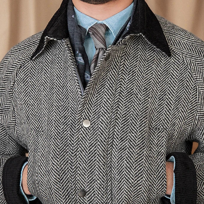 Wool heavy vintage coat for men, warm stylish winter wear.