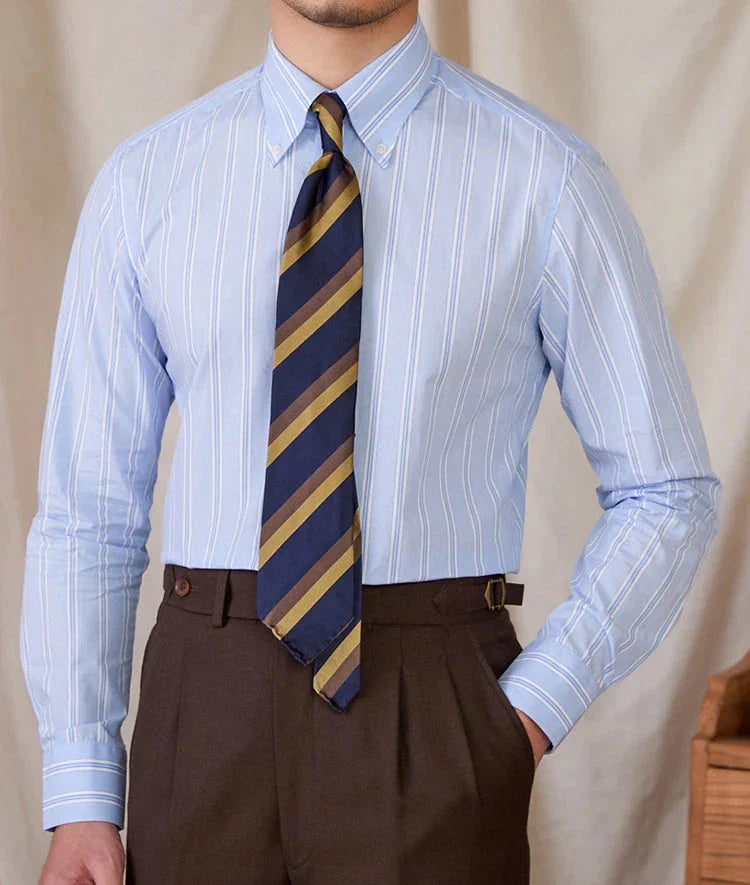 Men's business stripe all long sleeve shirt in blue with a stylish tie.