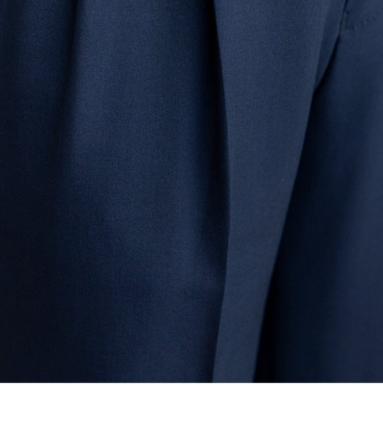 Close-up of navy High Waist Business Trousers fabric showing tailored elegance and premium quality.