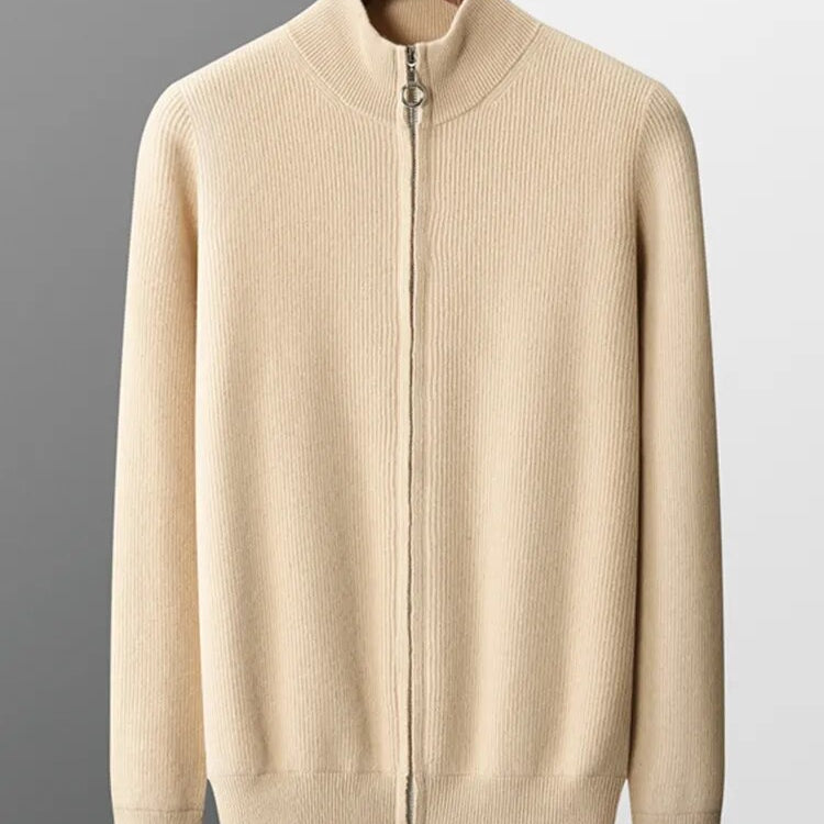 Stylish pure wool cardigan for men, solid pattern, beige color, casual smart casual design.
