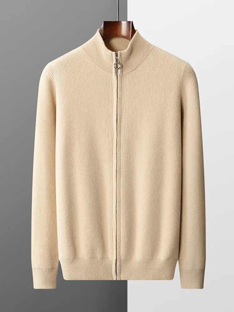 Stylish pure wool cardigan for men, solid pattern, beige color, casual smart casual design.