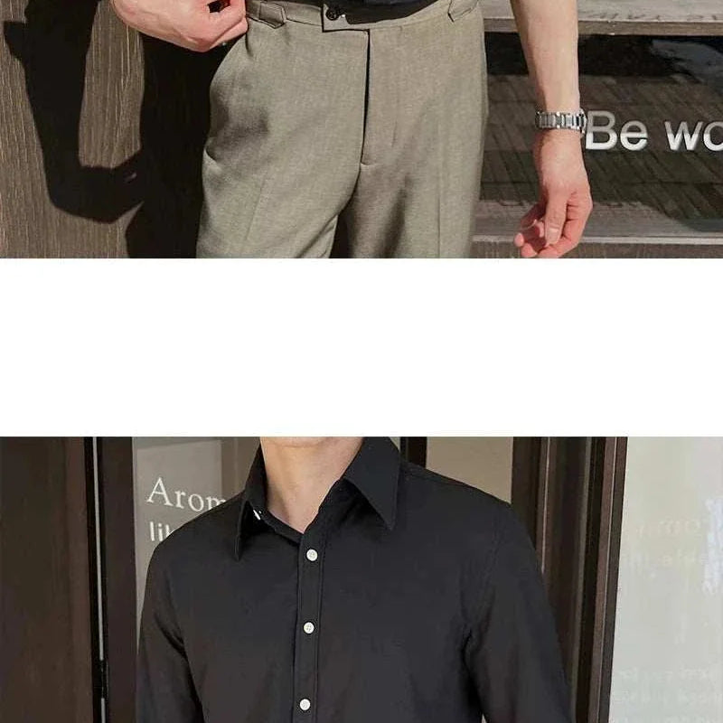 British formal slim-fit shirt in black, men's wear, made of polyester for comfort and sophistication, ideal for all seasons.