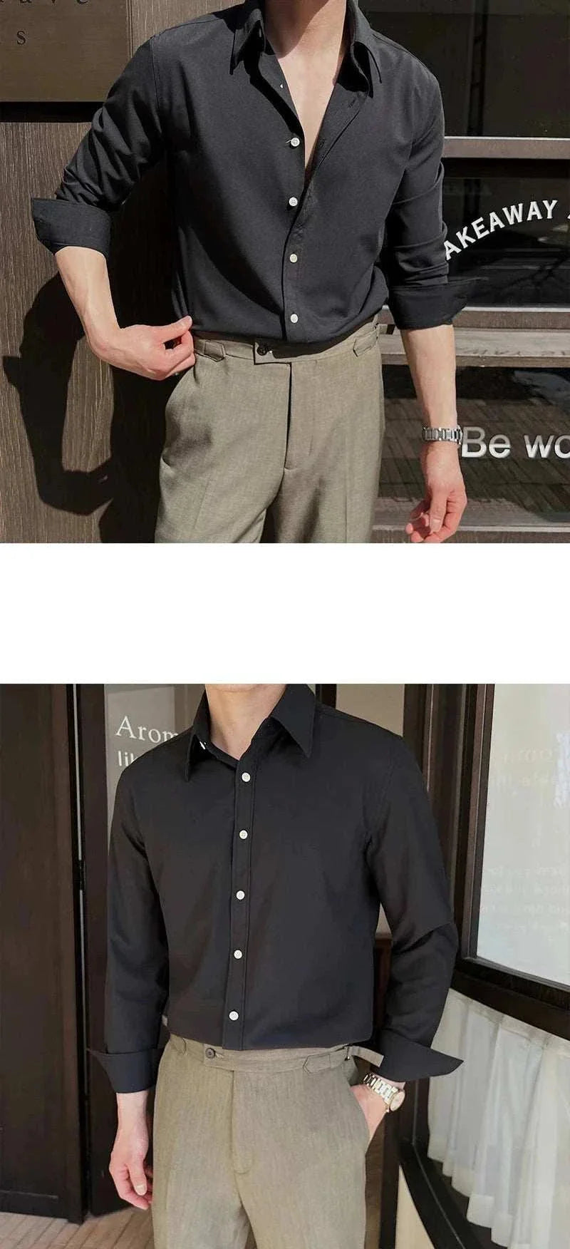 British formal slim-fit shirt in black, men's wear, made of polyester for comfort and sophistication, ideal for all seasons.