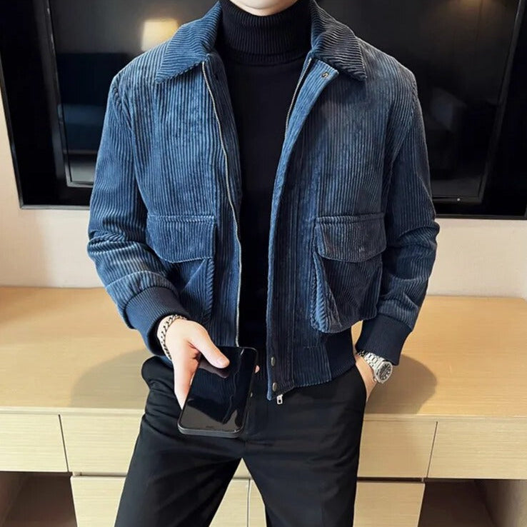 Men's blue corduroy casual jacket, stylish and suitable for all seasons.