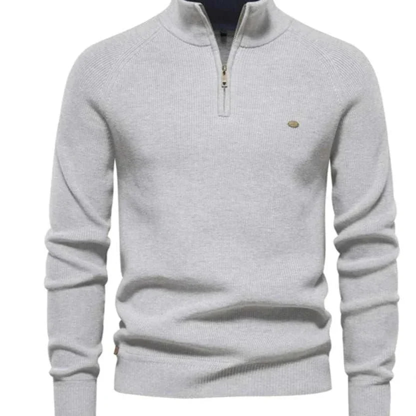 High-collar autumn/winter sweater for men in light gray cotton and lycra blend.