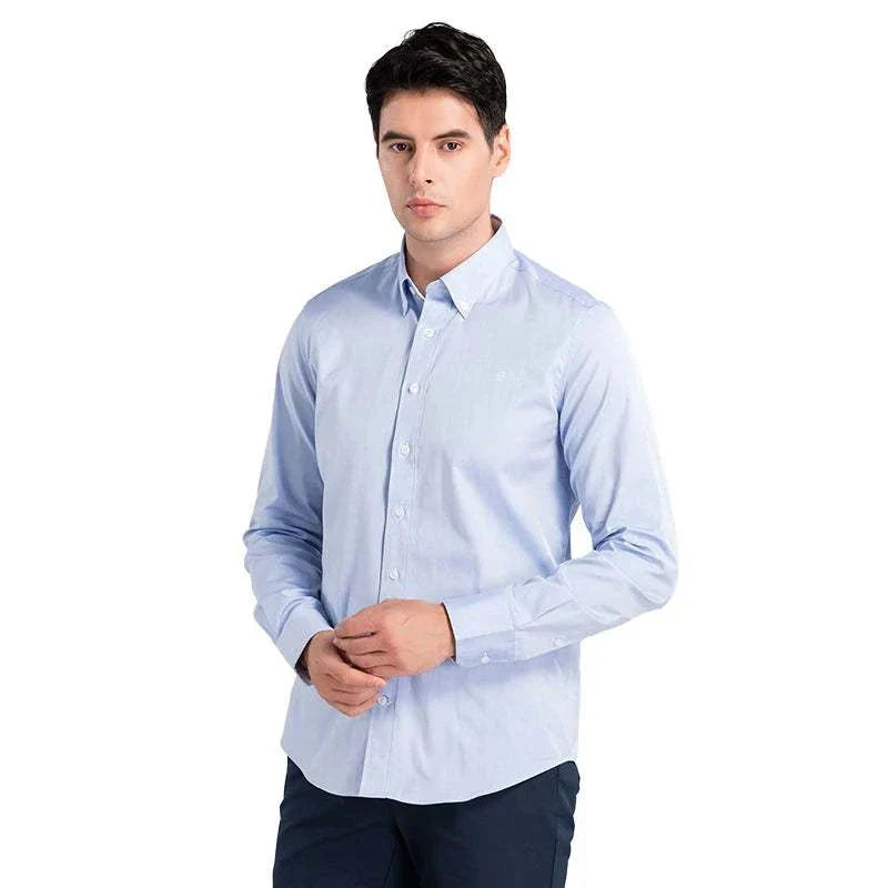 Men's business casual long sleeve cotton shirt in light blue.