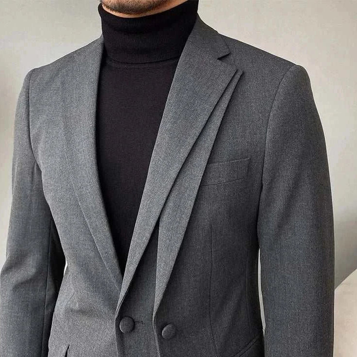 Formal elegant premium 2 piece suit with blazer and pants in gray, featuring a sleek polyester design.
