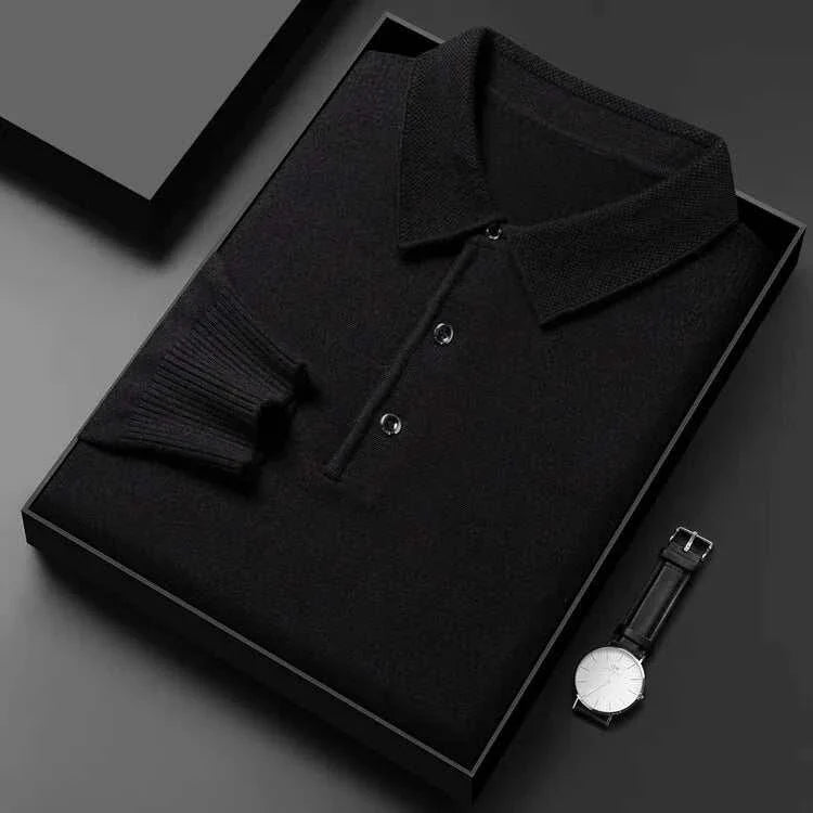 Antonios polo sweater with buttons in black, displayed with a watch for men.