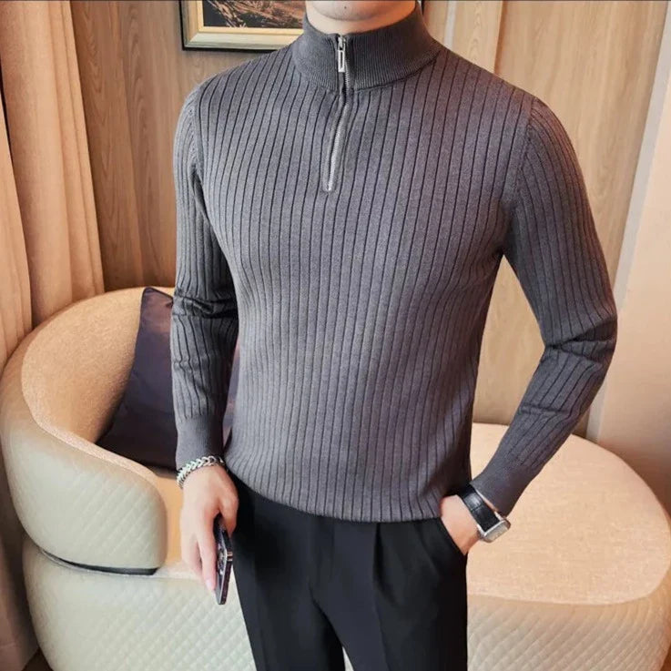 Men's PLUS zipper sweater in solid gray, featuring a casual and elegant ribbed design with a high collar, ideal for all-season wear.