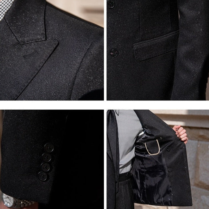 Close-up of Antonios Double Breast Suit in black showing design details, buttons, and interior lining.