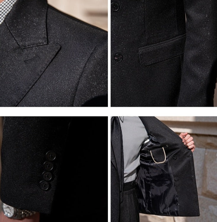 Close-up of Antonios Double Breast Suit in black showing design details, buttons, and interior lining.