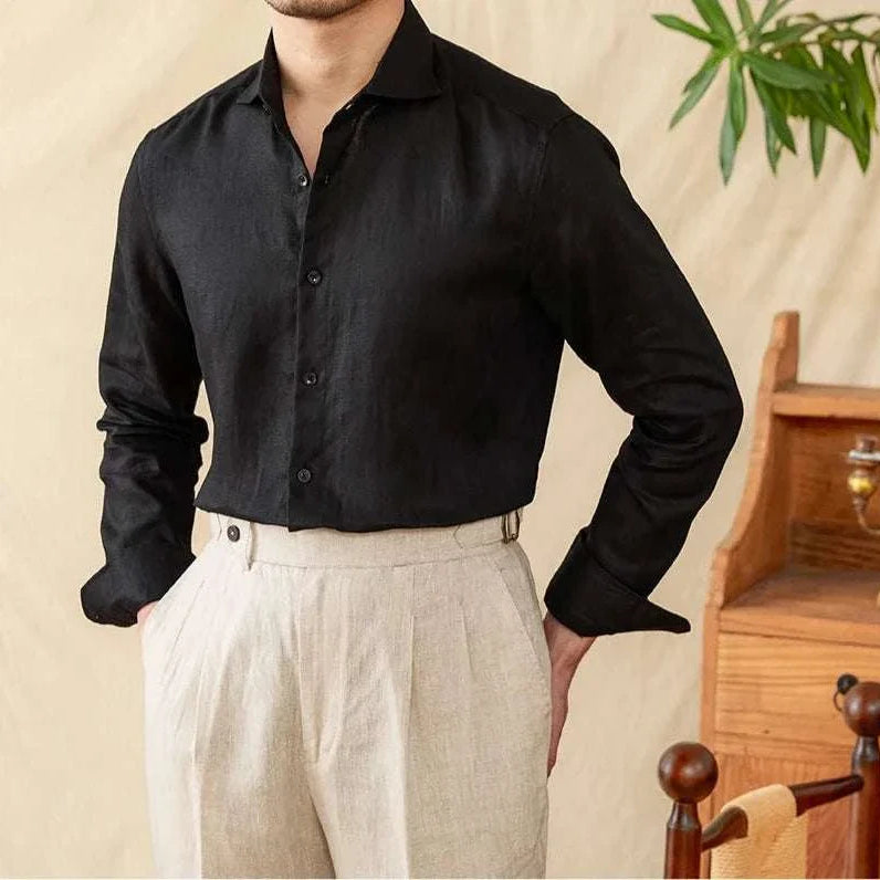 Men's lightweight linen long-sleeve shirt, black, breathable and stylish.