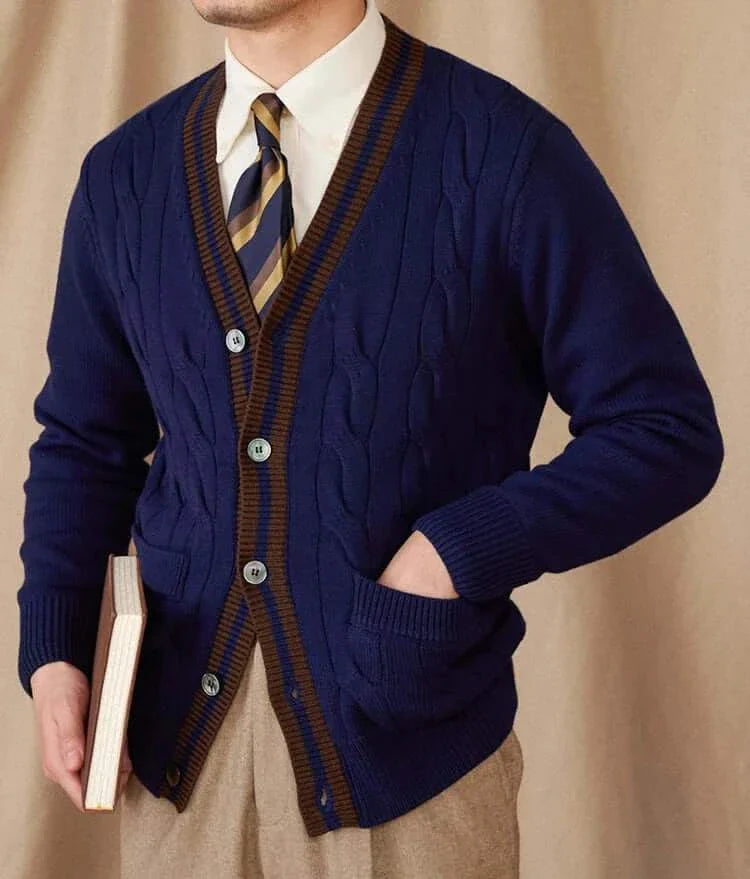 Antonios twisted knit cardigan in vintage Italian style, blue wool.