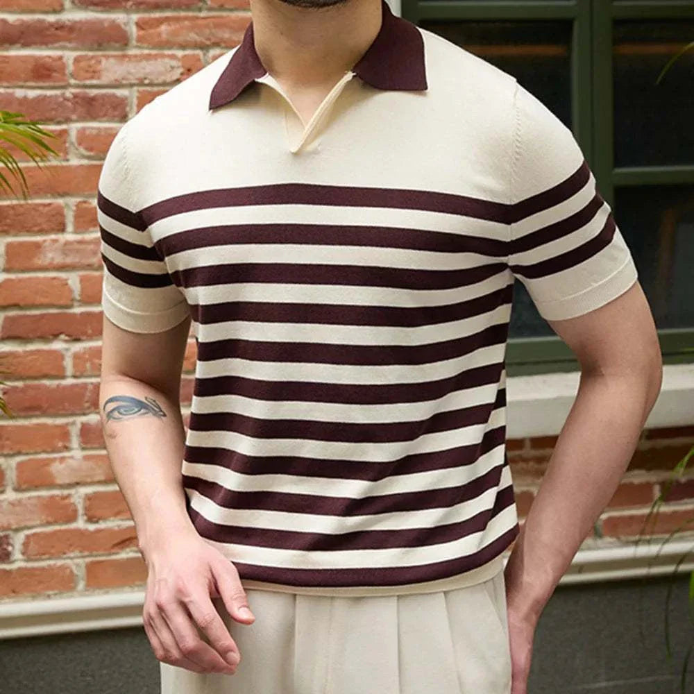 Men's striped office polo collar t-shirt in high-quality polyester, perfect for smart casual office wear.