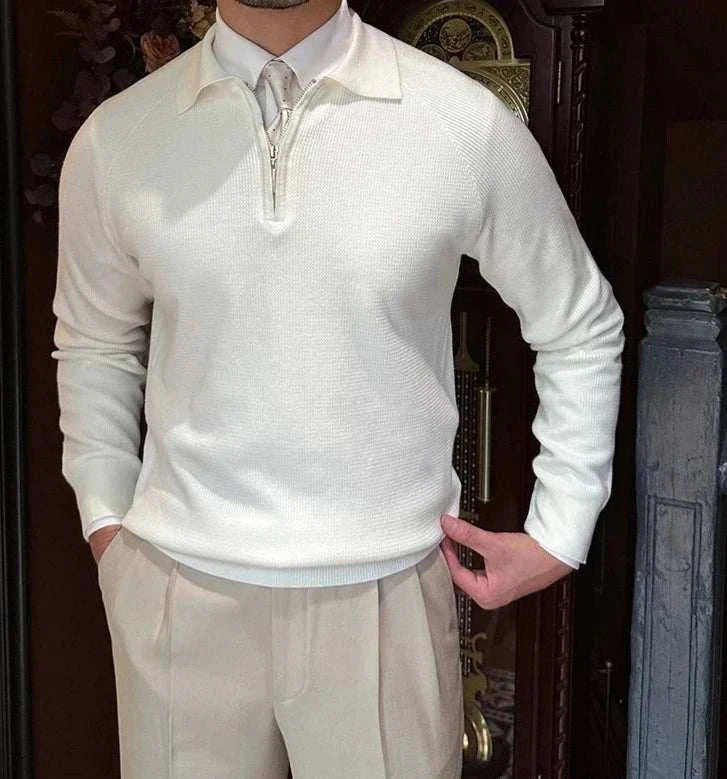 Oxford zipper sweater in white, solid pattern, men's casual elegant style.