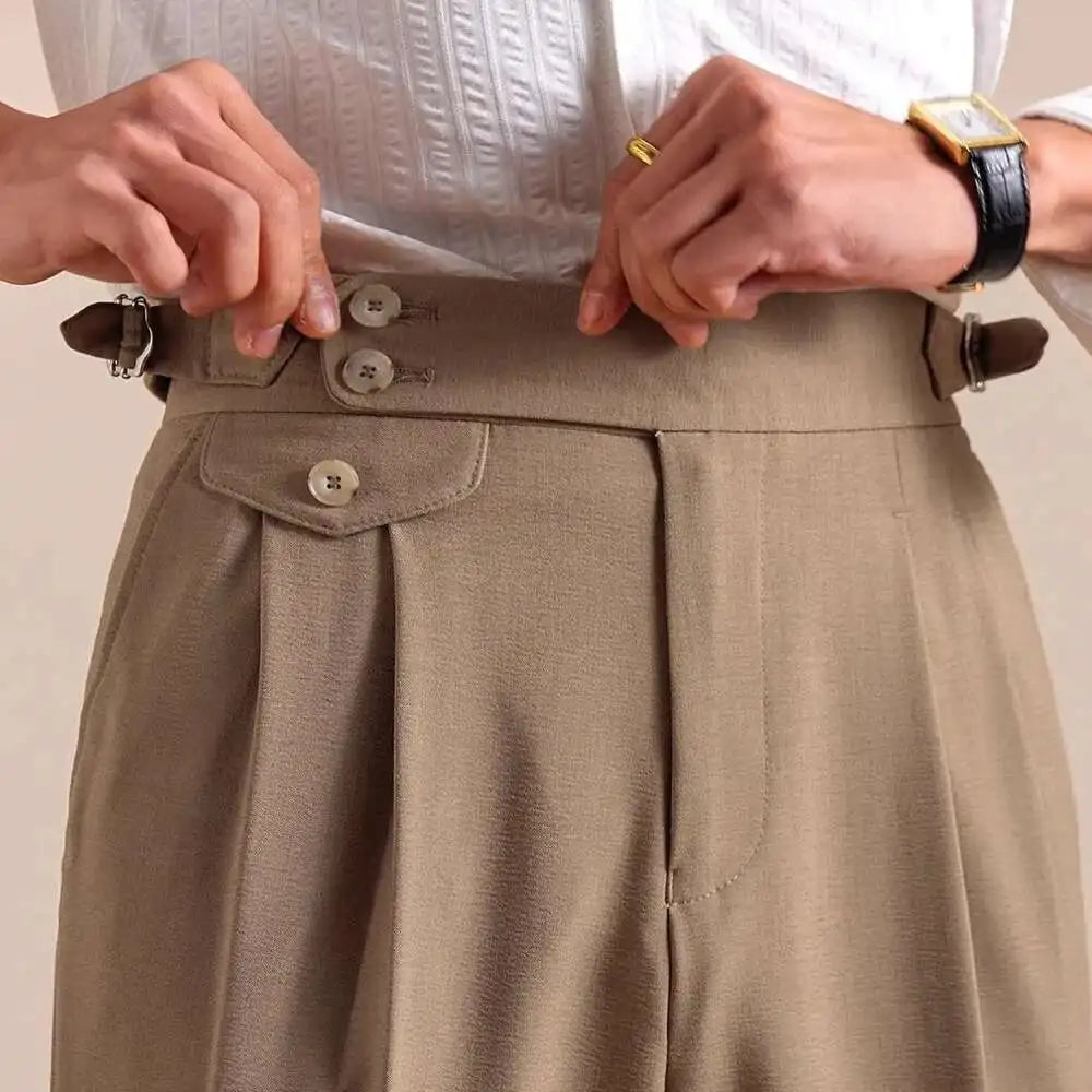 Double pleated wool straight pants