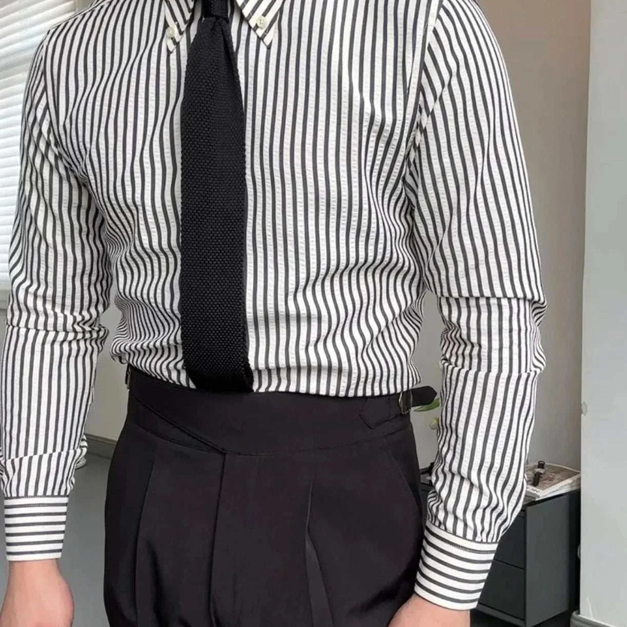 Antonios formal striped long sleeve shirt for men in black and white, stylish and elegant design.