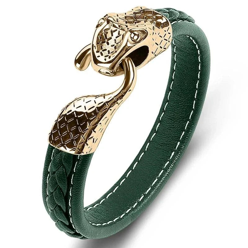 Snake leather bracelet with stainless steel detailing for stylish everyday or special occasion wear.