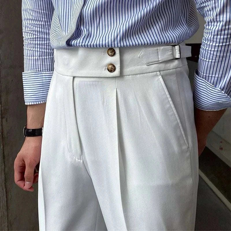 High-waist slim straight trousers in white with a striped shirt, featuring a comfortable polyester fabric.