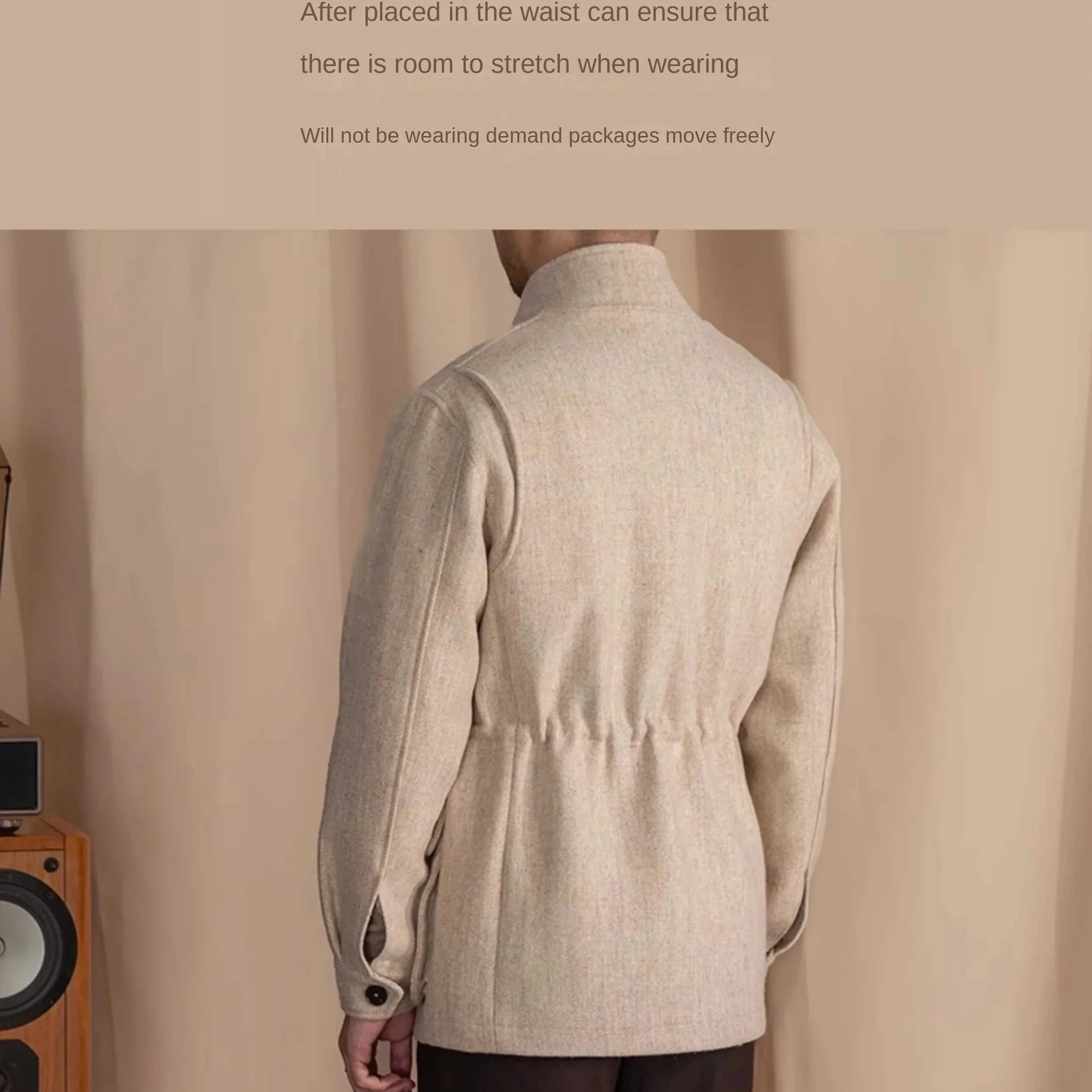 Back view of British winter premium jacket for men, highlighting the perfect fit and cozy wool-cotton blend.