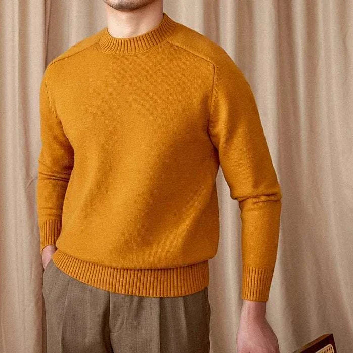 Japanese casual winter sweater in mustard yellow, cotton-wool blend, men's fashion.