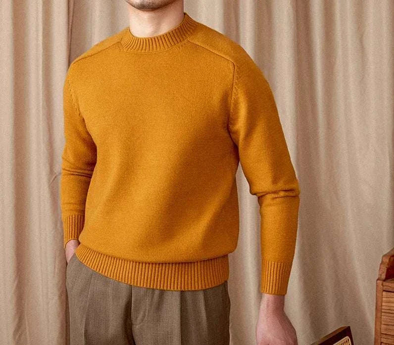 Japanese casual winter sweater in mustard yellow, cotton-wool blend, men's fashion.
