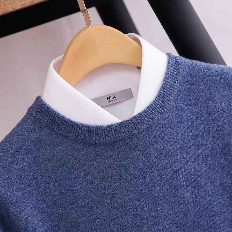 Antonios Pure Wool Sweater in Flower Blue on hanger.