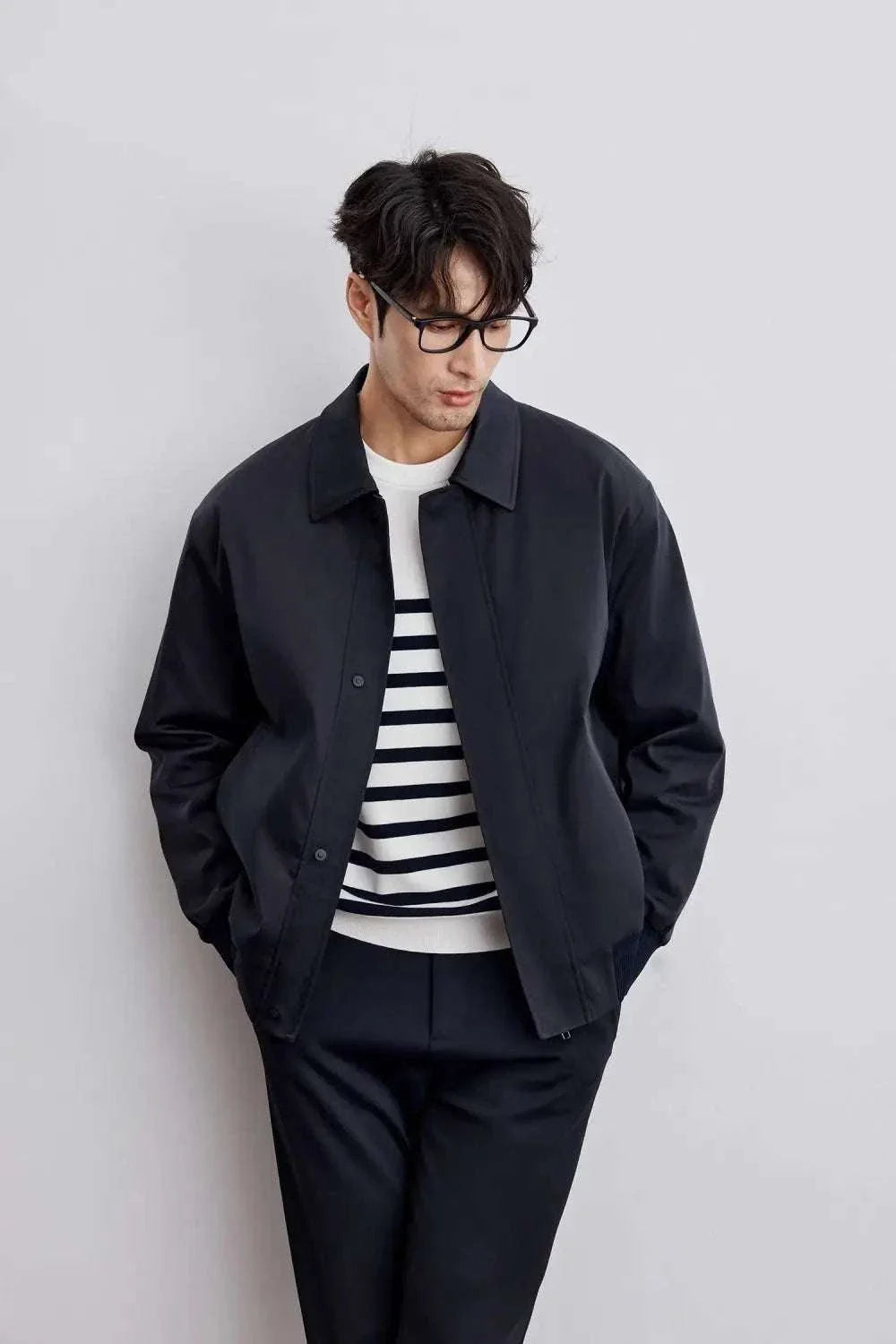 Men's Korean bomber winter jacket in black, casual fit, cotton and polyester blend.