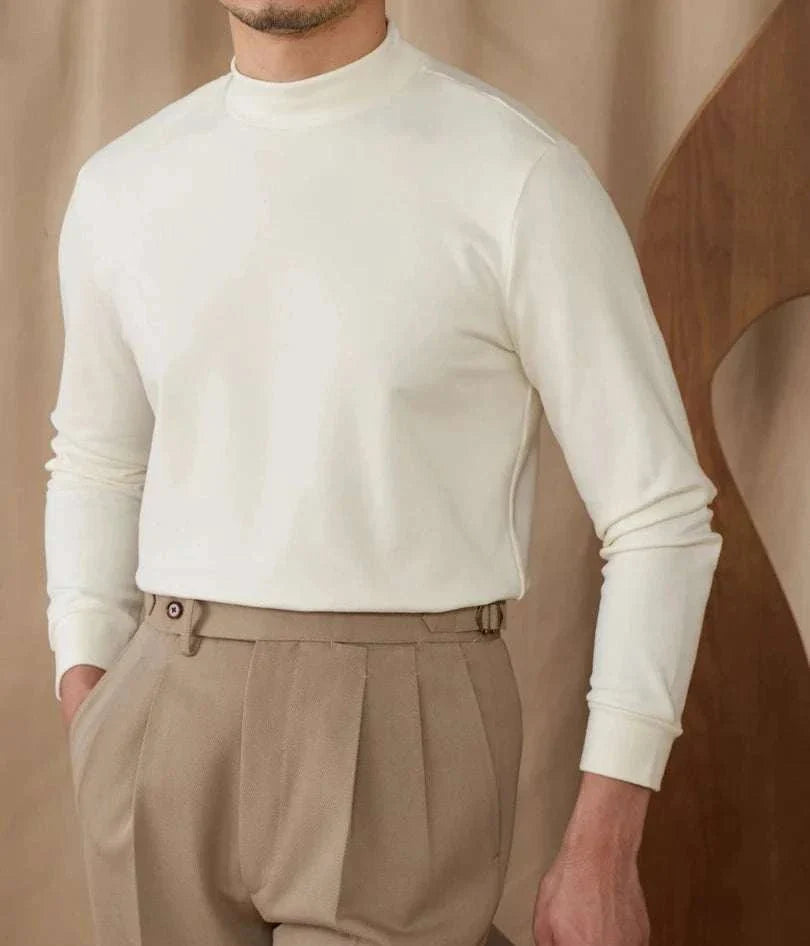 Soft half turtleneck sweater for men in cream color.