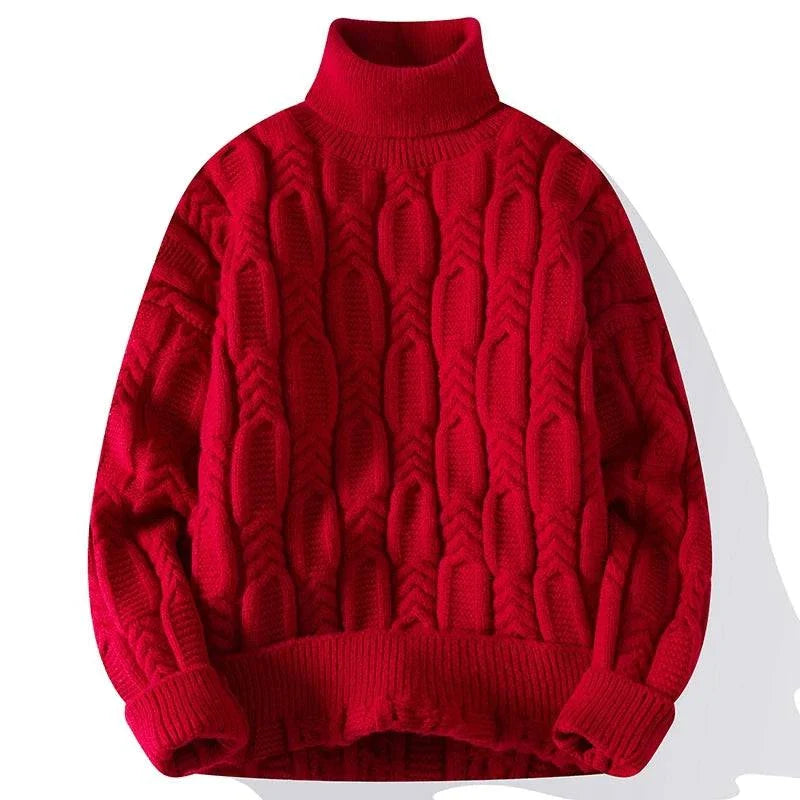 Red Juku winter sweater with a solid pattern, premium quality, and turtleneck design.