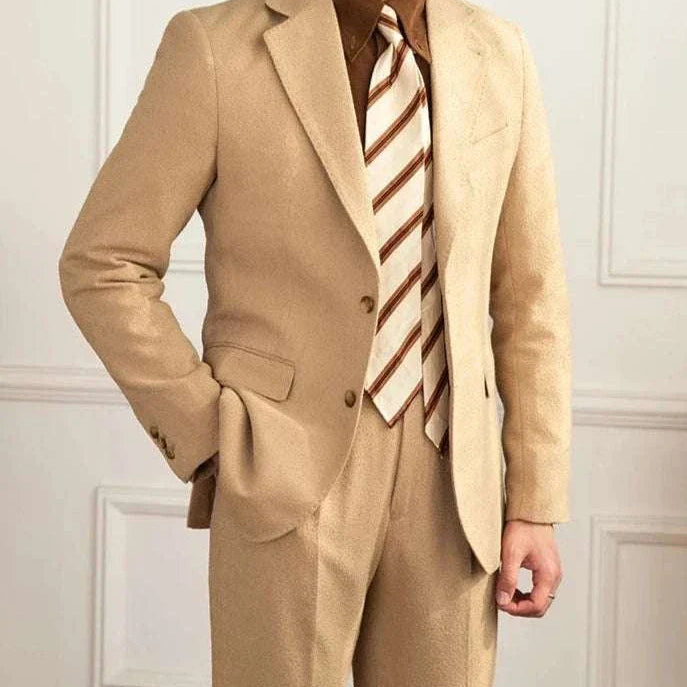 Wedding 2 piece premium suit in tan with tailored fit and striped tie.