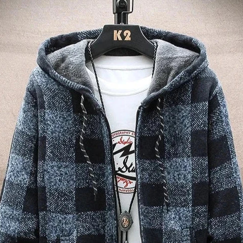 LUXELY plaid jacket with hood on hanger, casual men’s cotton and wool blend, checkered pattern