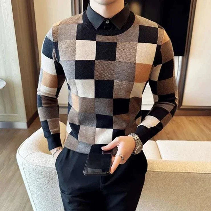 Tone two color sweater with checkered pattern for men, perfect for casual and elegant styles.