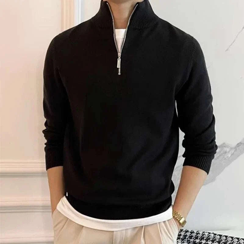 Men's stand collar zipper sweater in black, wool and polyester blend, perfect for all-season wear.