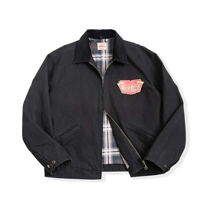 Retro cotton autumn jacket with vintage style, solid pattern, and plaid lining.