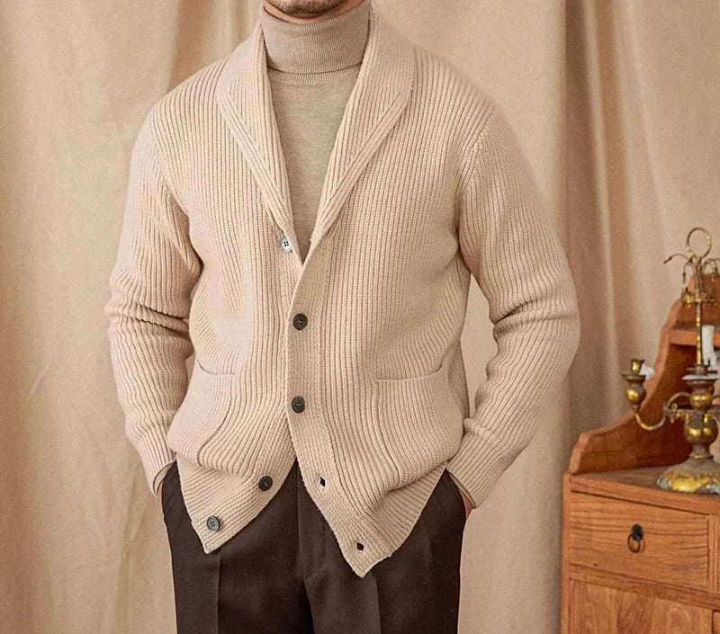 Men's beige wool cardigan for autumn fashion.