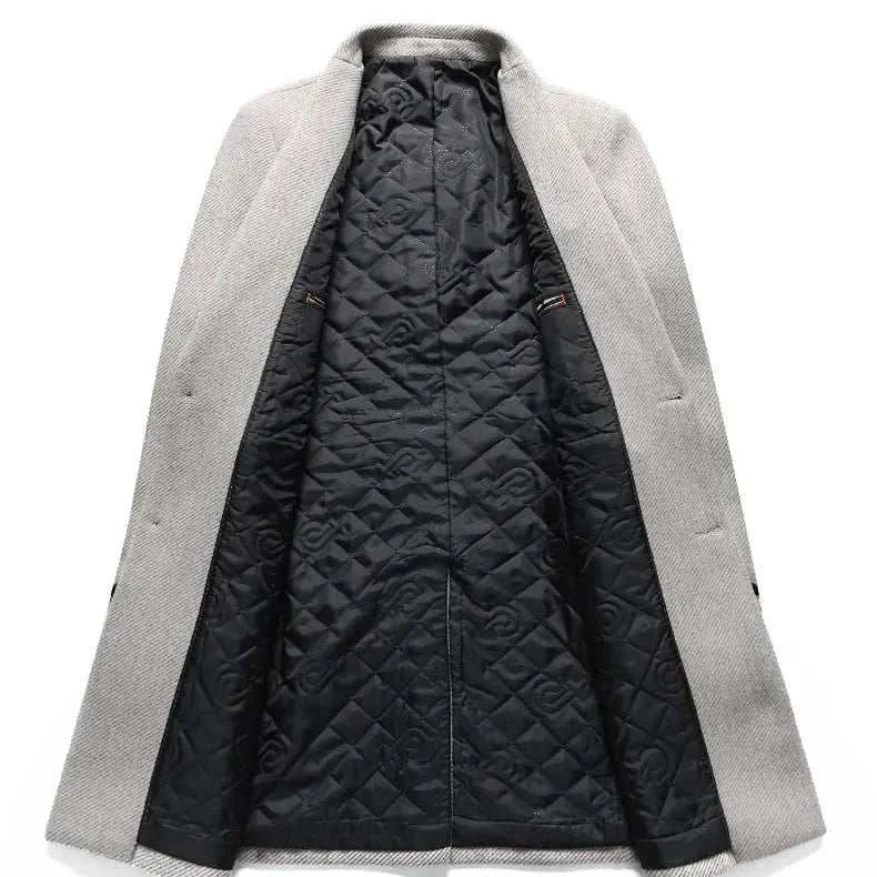 Men's autumn business overcoat with quilted lining, grey exterior, high-quality polyester blend.