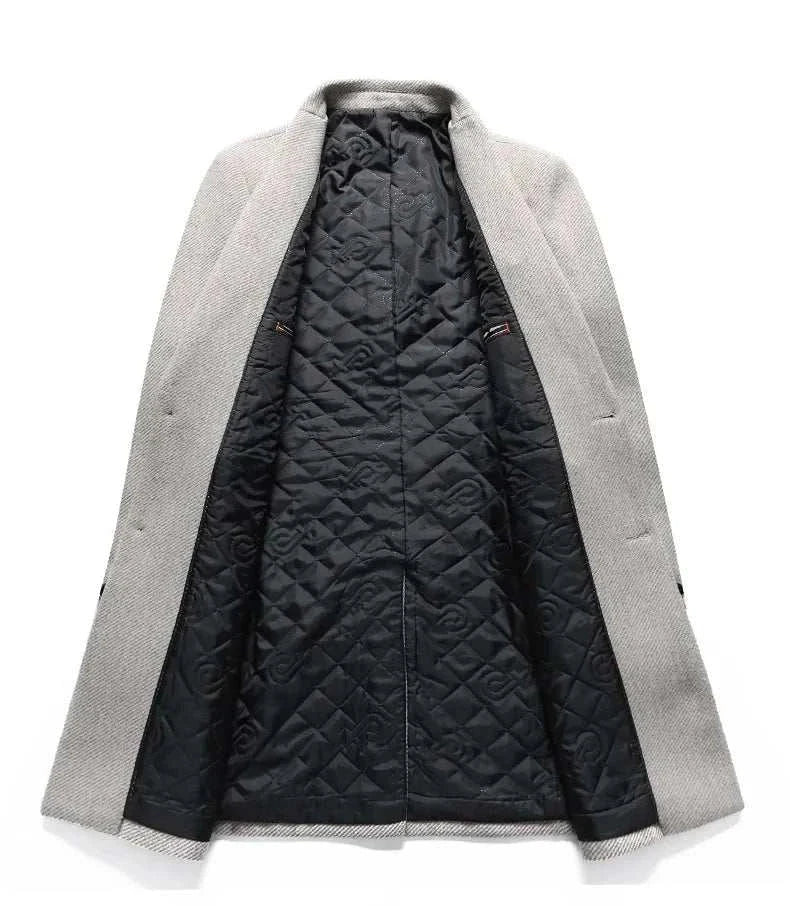 Men's autumn business overcoat with quilted lining, grey exterior, high-quality polyester blend.