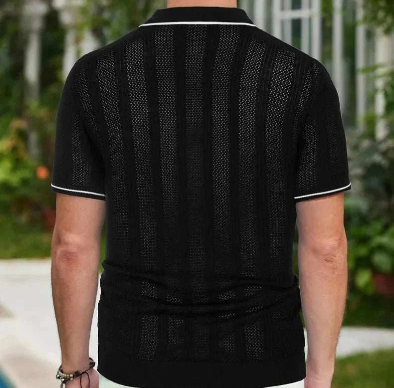 Ice silk summer short sleeve shirt in black, featuring breathable fabric and casual style.