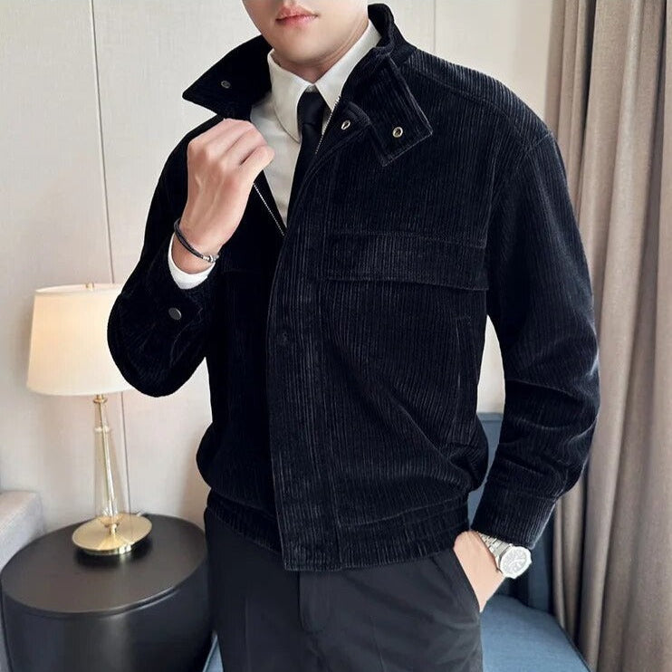 Men's black corduroy winter jacket; casual and elegant style.