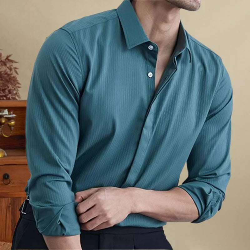 Antonios British striped tuxedo shirt for men in teal, perfect office wear.