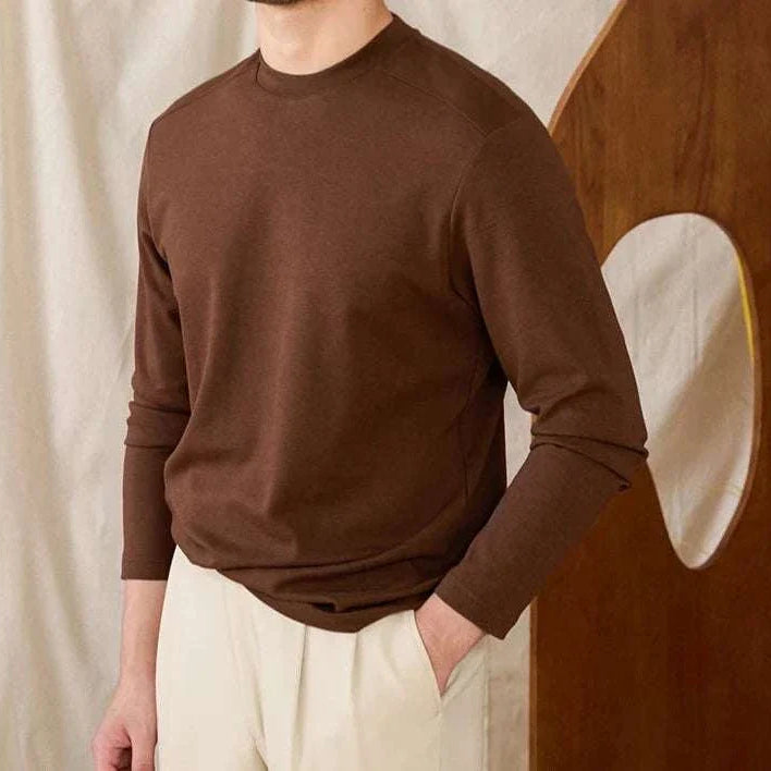 Slim fit smart casual premium men's sweater in brown polyester wool blend.