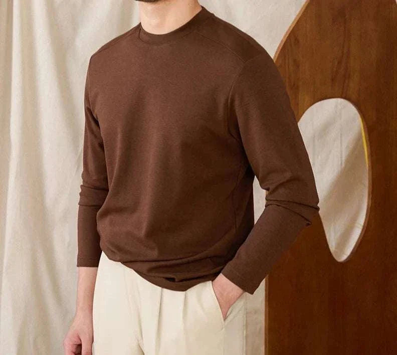 Slim fit smart casual premium men's sweater in brown polyester wool blend.