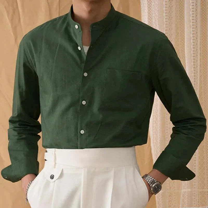 Green cotton-linen long sleeve shirt for men by Antonios, offering comfort and style.